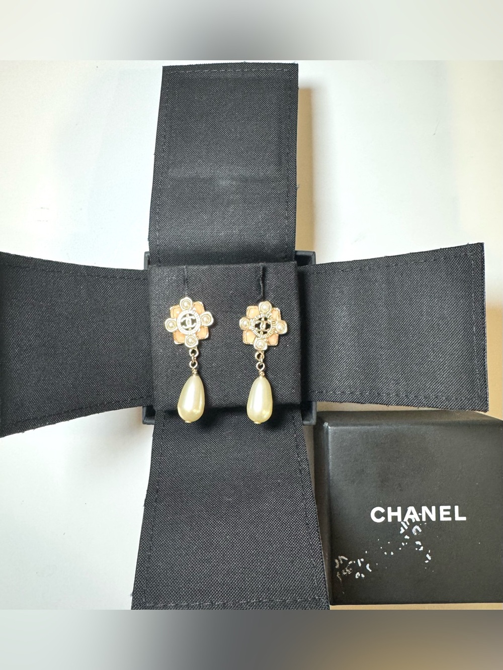 Chanel CC Logo Pale Pink Peach Resin and Fantasy Pearl Drop Earrings W Box